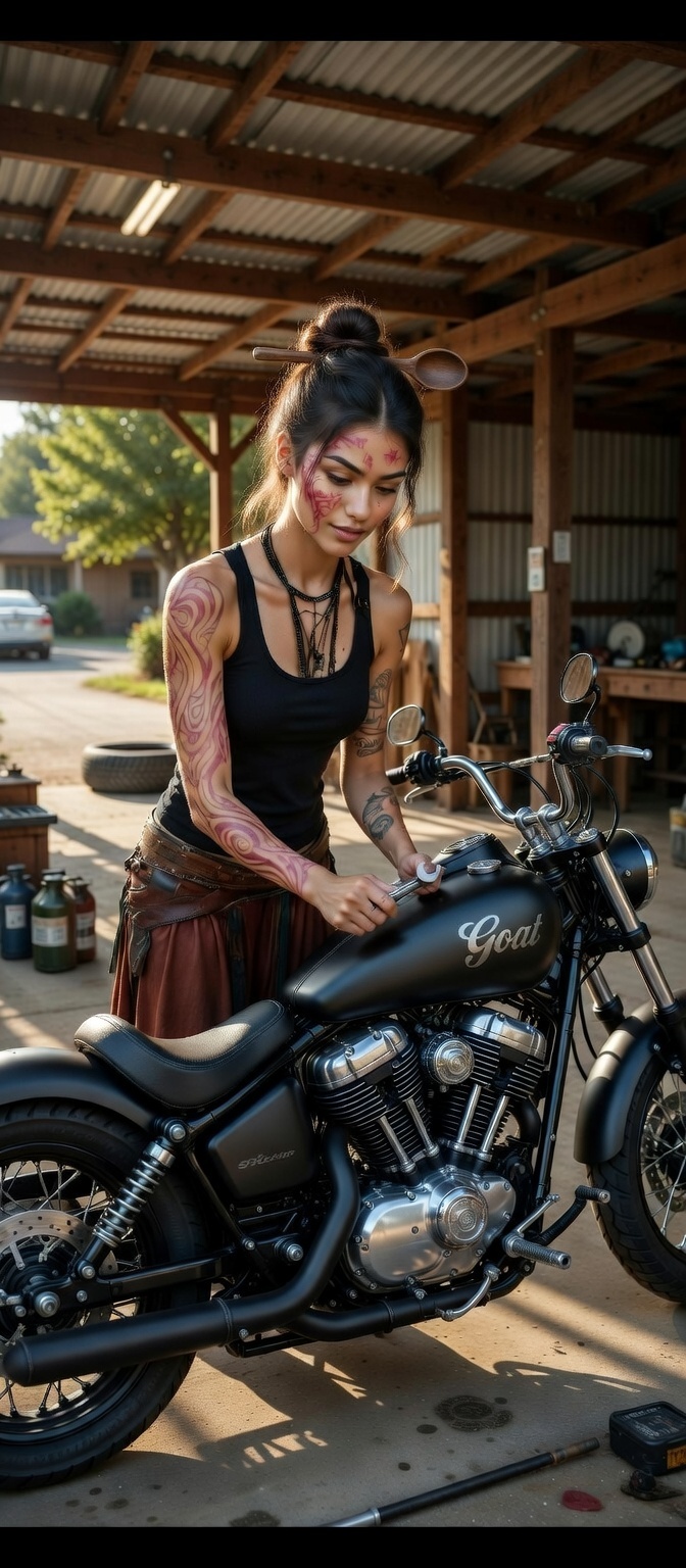 Tatwitt and her motorcycle, Goat